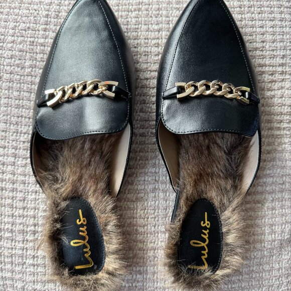 NEW Lulus Antonia 2 Black Faux Fur Loafer Slides 10 - Picture 2 of 4